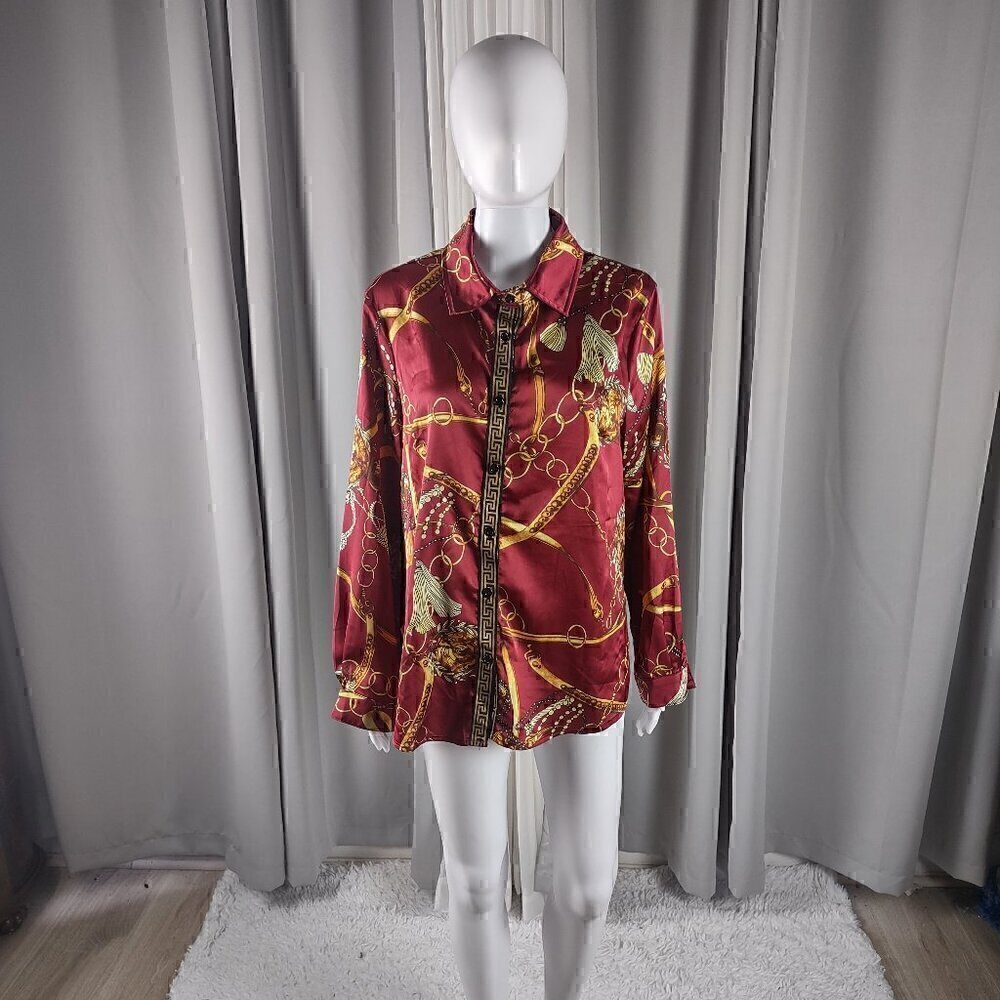 Boohoo Red Gold Chain Tassel Print Satin Button Down Blouse Womens Size 12
